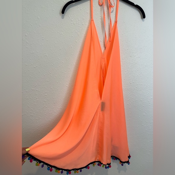 Neon Coral Swimsuit Coverup with Pom Details - Picture 4 of 8
